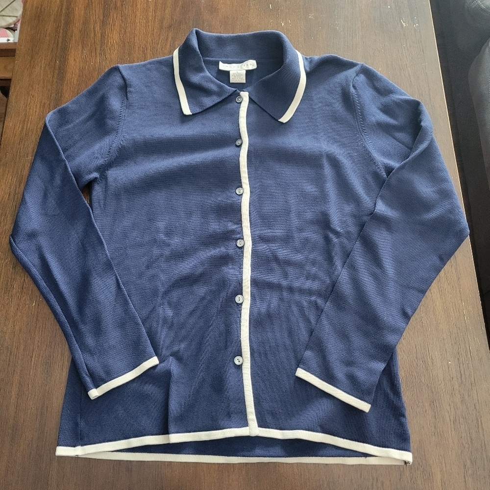 Vintage Doncaster Silk Cardigan Large Old Money Quiet Luxury Navy Chic - Picture 4 of 6